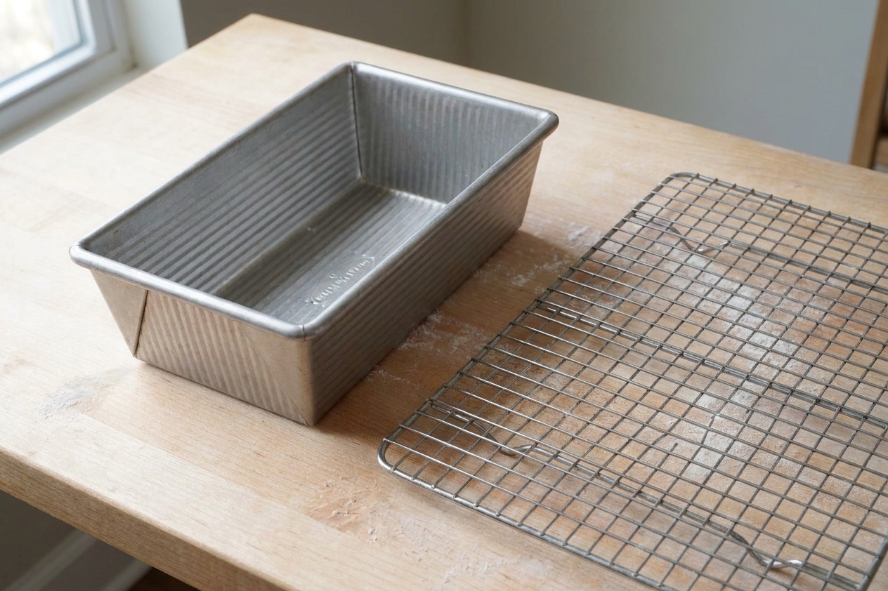 A standard 9 by 5 inch metal loaf pan on a kitchen counter next to a cooling rack