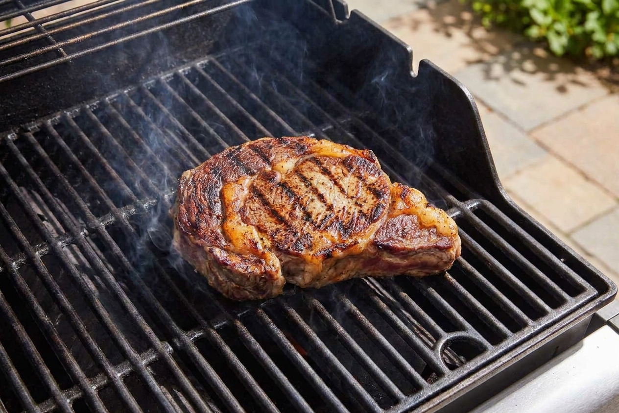 A steak cooking on hot grill grates outdoors with char marks forming and the lid open