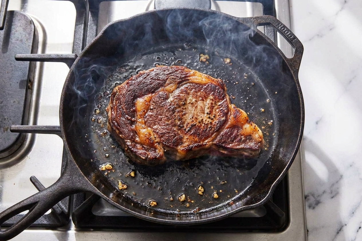 A steak sizzling in a hot cast iron skillet on a stovetop as a browned crust forms along the edges