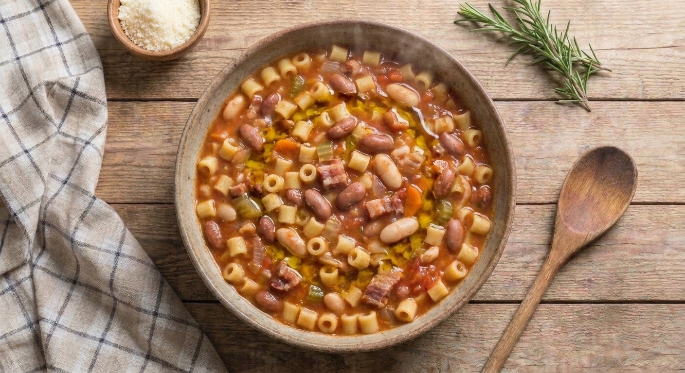 A steaming bowl of pasta e fagioli with beans, small pasta, and a drizzle of olive oil