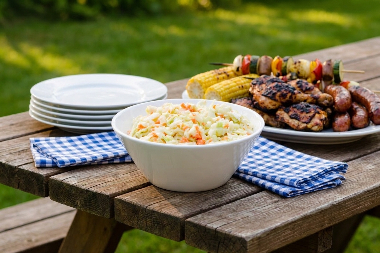 A summer picnic table with a bowl of coleslaw beside plates, napkins, and a platter of grilled food