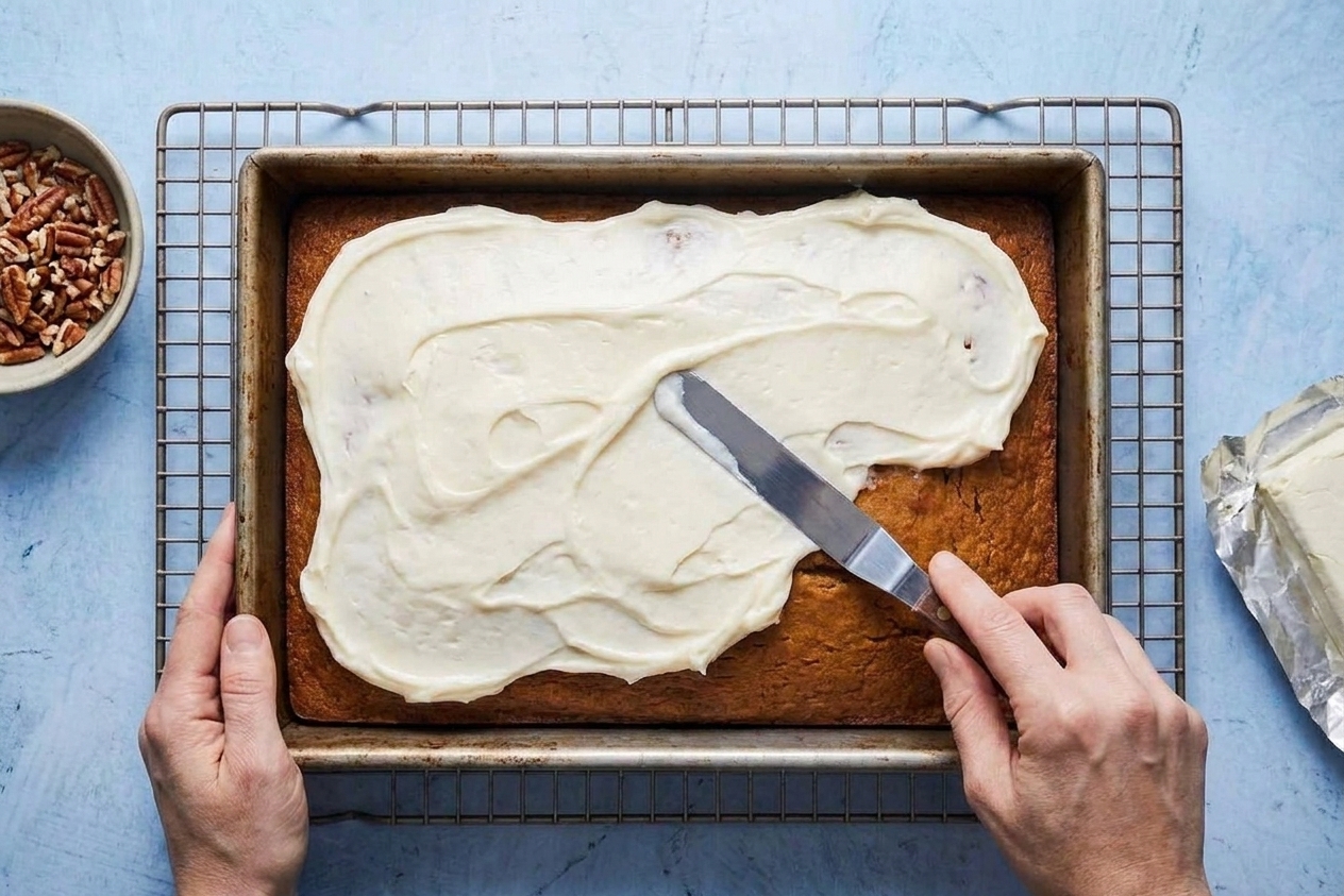 A sweet potato sheet cake being frosted with cream cheese frosting using an offset spatula.
