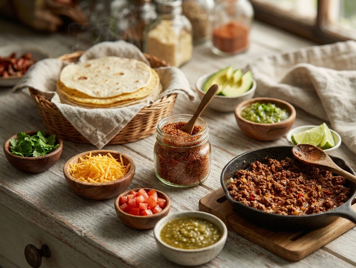 A taco night table set with warm tortillas, bowls of toppings, and a small jar of homemade taco seasoning near the center