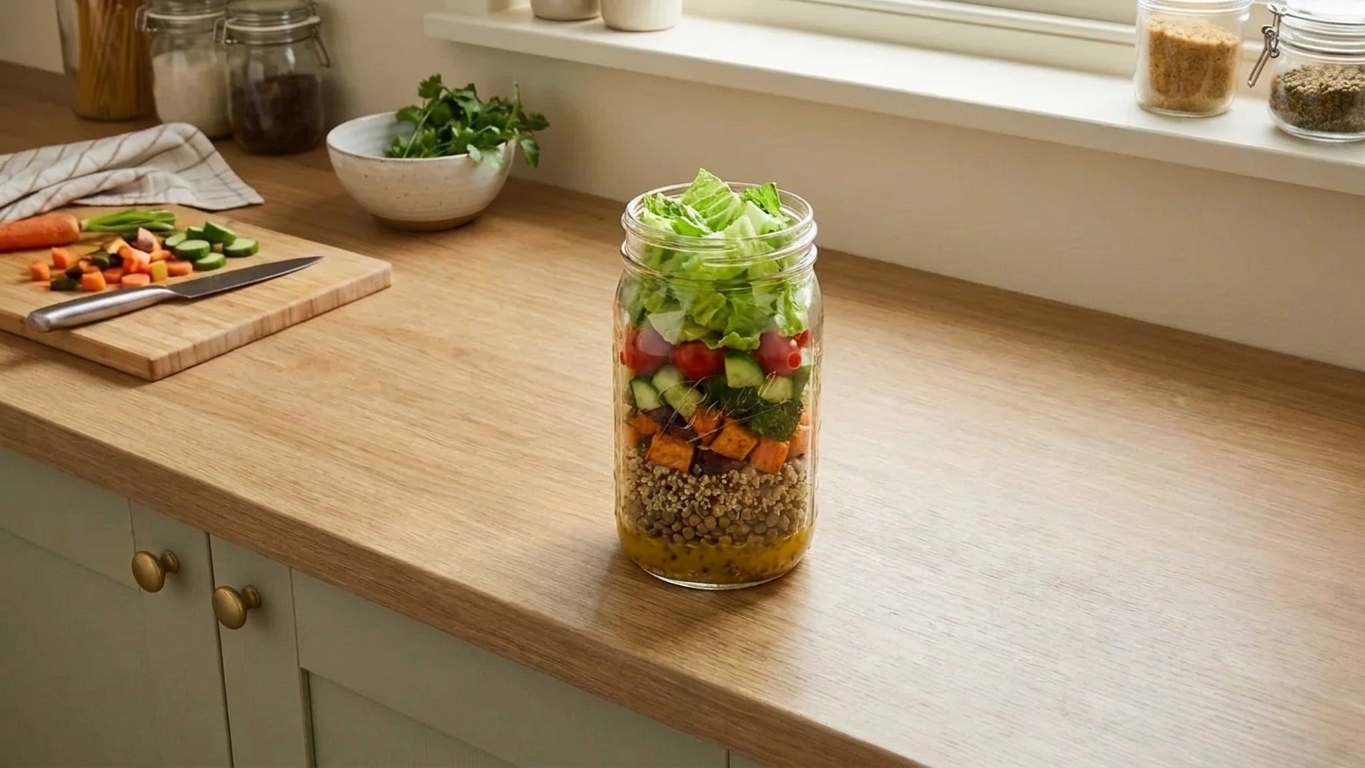 A tall glass jar packed with a layered salad, with dressing at the bottom and crisp romaine leaves at the top on a kitchen counter