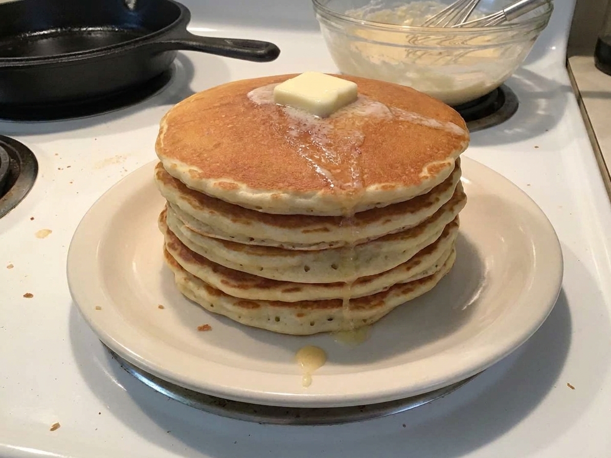 A tall stack of fluffy pancakes with a pat of butter melting on top on a simple ceramic plate