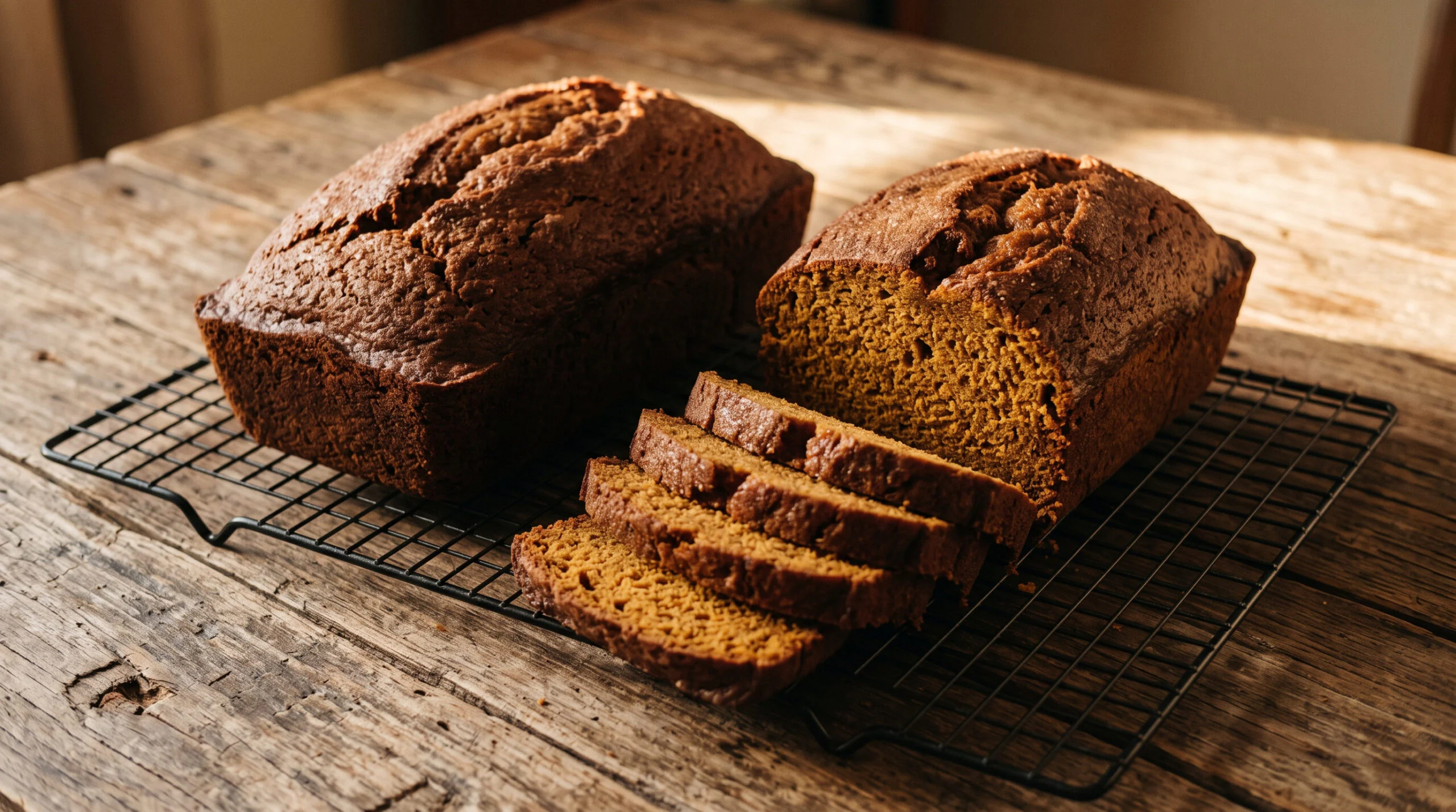 A thick slice of moist pumpkin bread with a tender crumb on a wooden cutting board, with a few crumbs scattered nearby
