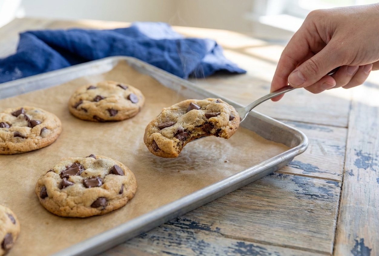 A thin metal spatula lifting a warm cookie from a parchment-lined baking sheet on a kitchen counter