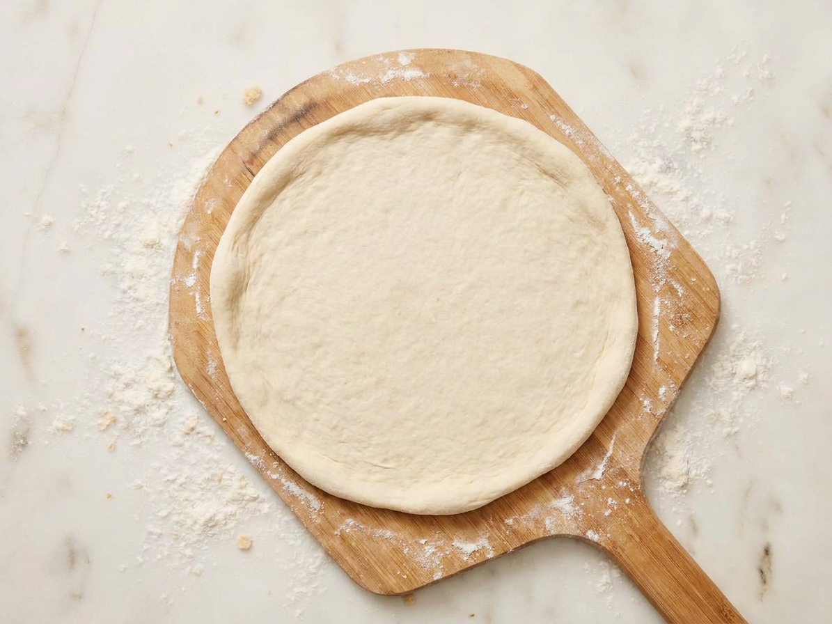 A thin round of pizza dough stretched on a floured wooden peel with a lightly floured counter in the background