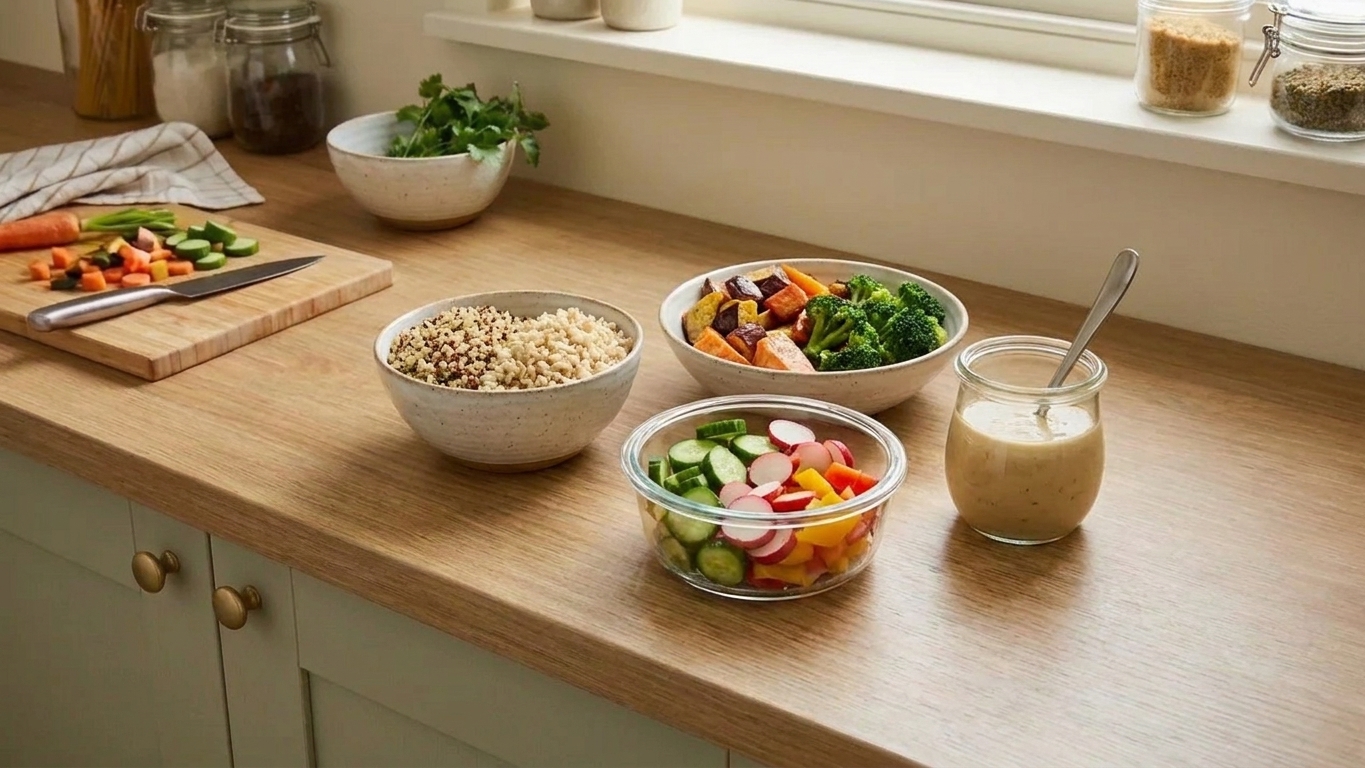 A tidy kitchen counter with prepped components in bowls including cooked grains, roasted vegetables, chopped crunchy vegetables, and a jar of dressing