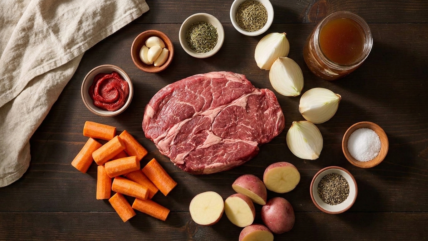 A top-down view of pot roast ingredients including chuck roast, onions, carrots, potatoes, beef broth, tomato paste, garlic, herbs, and seasonings