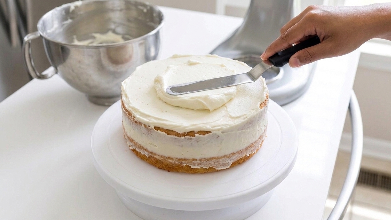 A two-layer vanilla cake being frosted with smooth buttercream on a rotating cake stand with an offset spatula