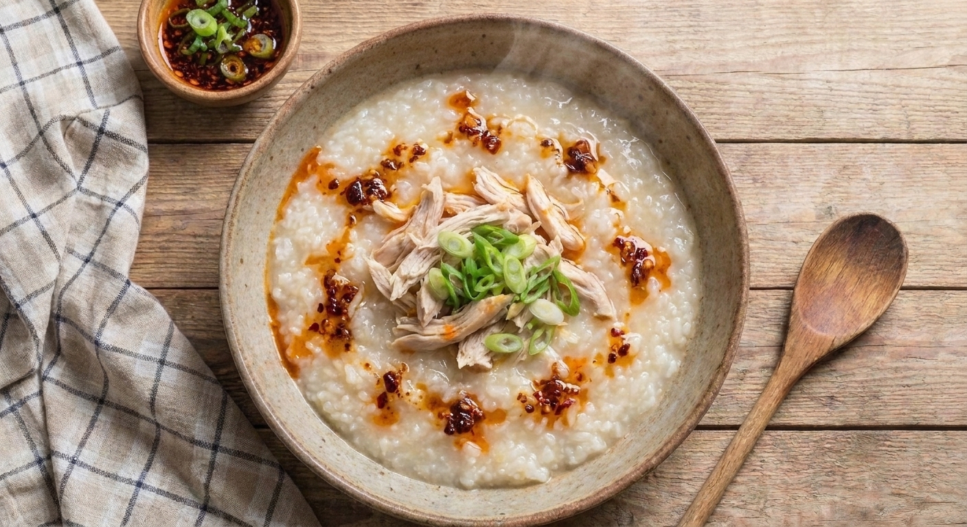 A warm bowl of congee topped with shredded chicken, sliced green onions, and a drizzle of chili oil