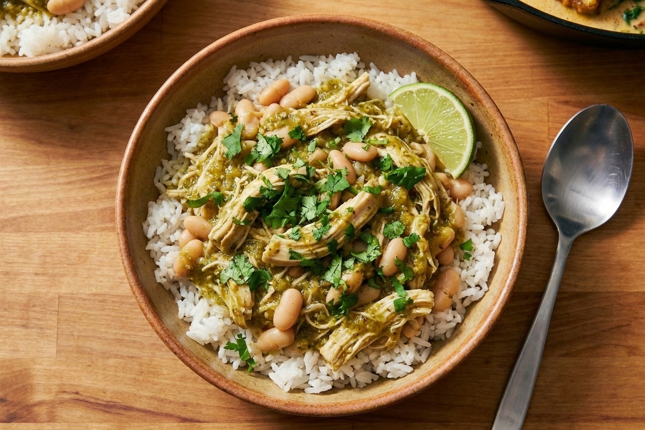 A warm bowl of salsa verde chicken with white beans served over rice, topped with cilantro and a lime wedge