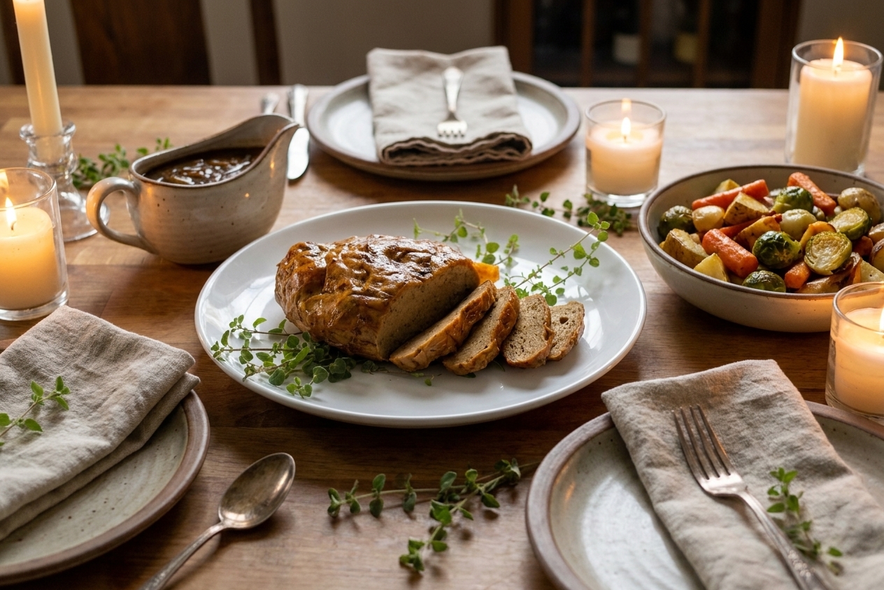 A warm, candlelit dinner table set with a platter of sliced vegan roast, a gravy boat, roasted vegetables, and folded linen napkins
