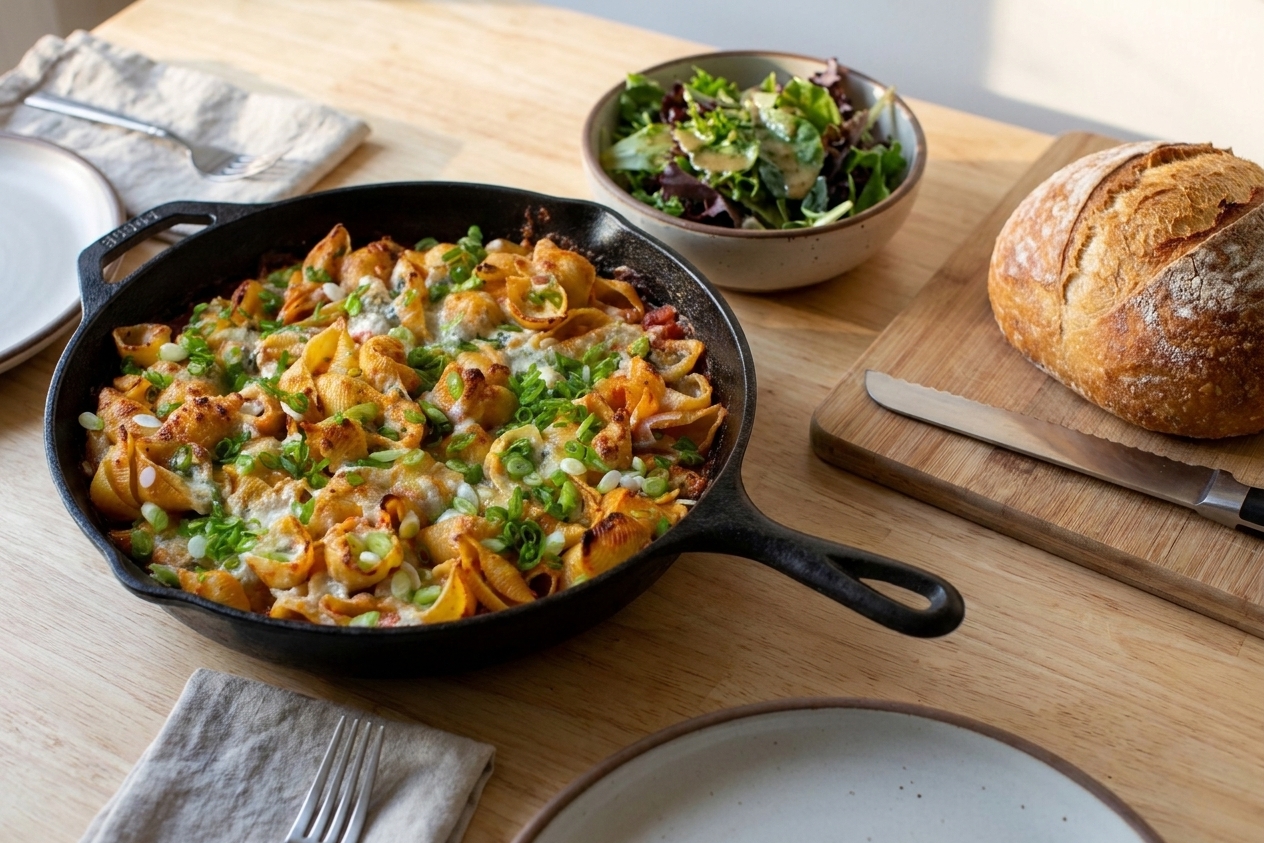 A warm dinner table setting with a serving bowl of rustic chicken and pasta, a small green salad, and a loaf of crusty bread