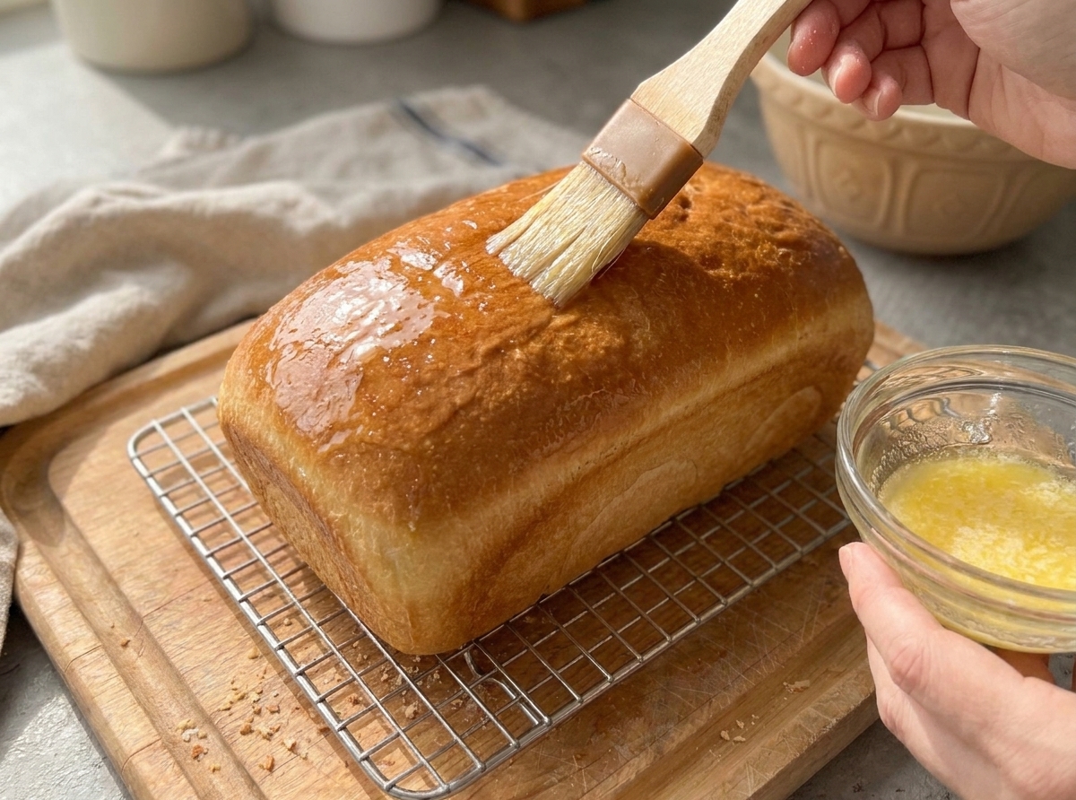 A warm golden bread loaf being brushed with melted butter on a cooling rack, the crust turning glossy