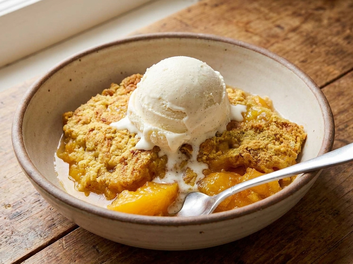 A warm scoop of peach cobbler in a bowl topped with melting vanilla ice cream on a wooden table