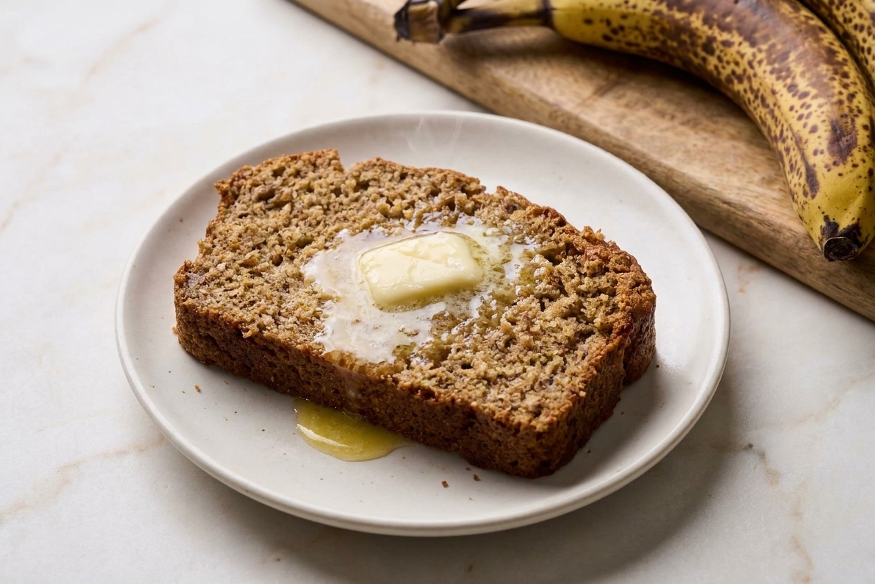 A warm slice of banana bread on a small plate with a pat of butter melting on top