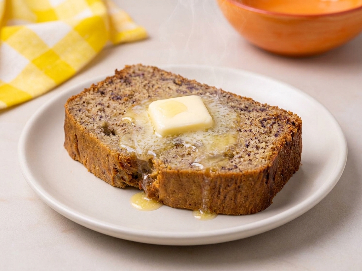 A warm slice of banana bread on a small plate with a pat of butter melting on top