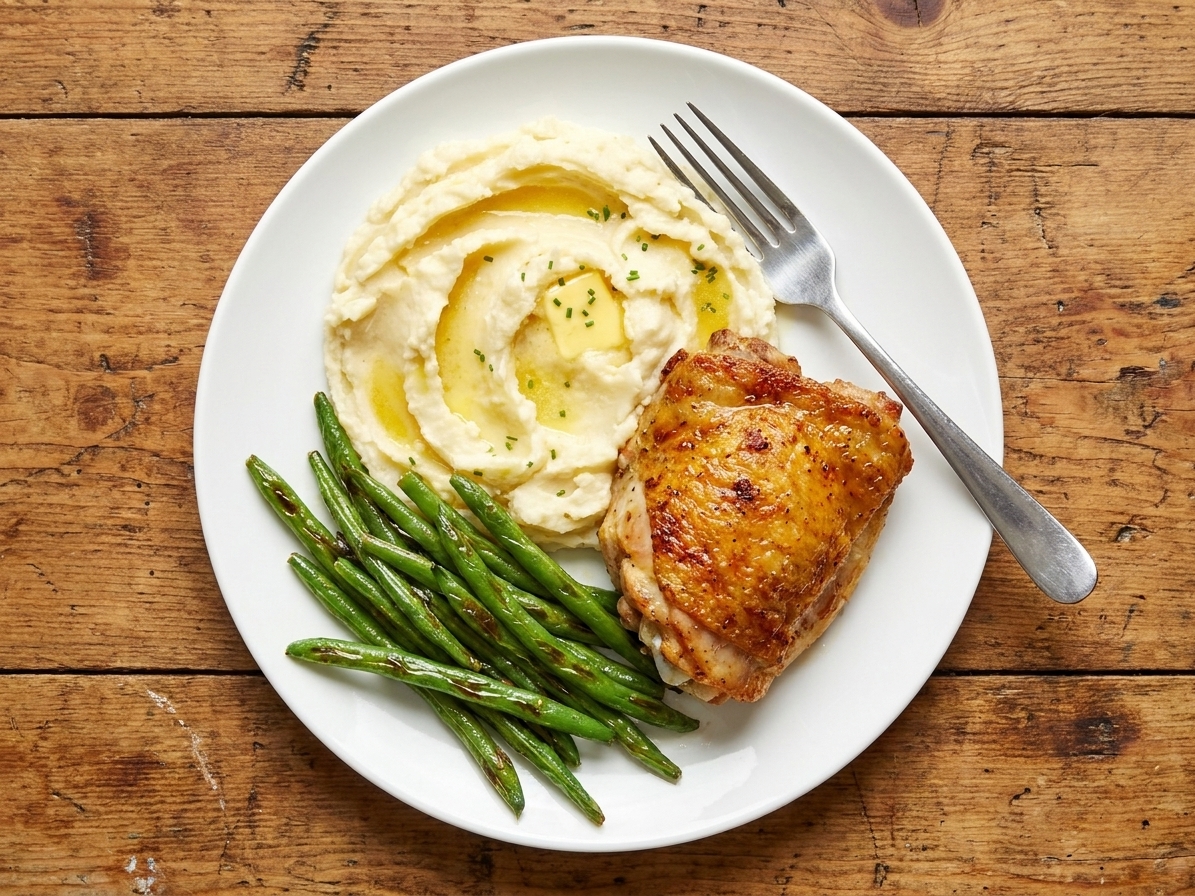 A weeknight dinner plate with mashed potatoes, roasted chicken, and green beans on a wooden table