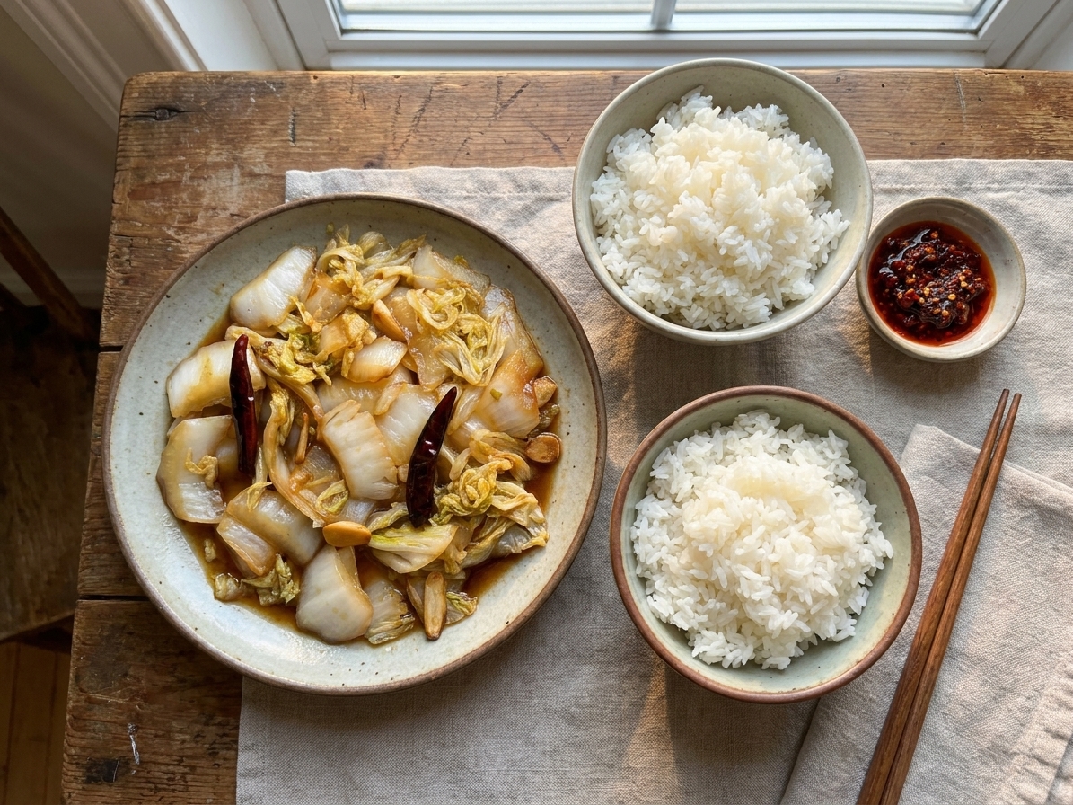 A weeknight dinner setting with a plate of napa cabbage stir-fry next to a bowl of steamed jasmine rice and a small dish of chili crisp