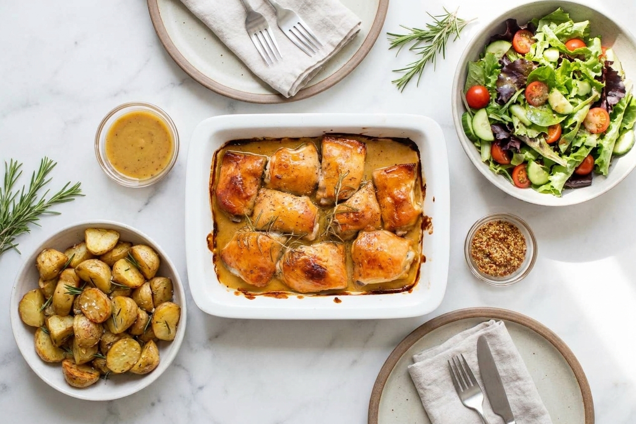 A weeknight dinner table set with a platter of honey mustard chicken, a bowl of roasted potatoes, and a simple green salad