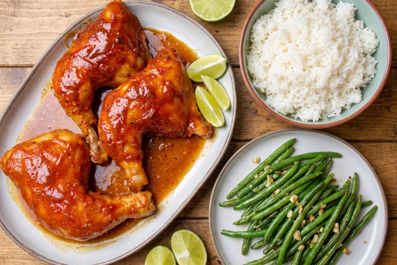 A weeknight dinner table with tangy sweet chicken, a bowl of rice, sautéed green beans, and lime wedges