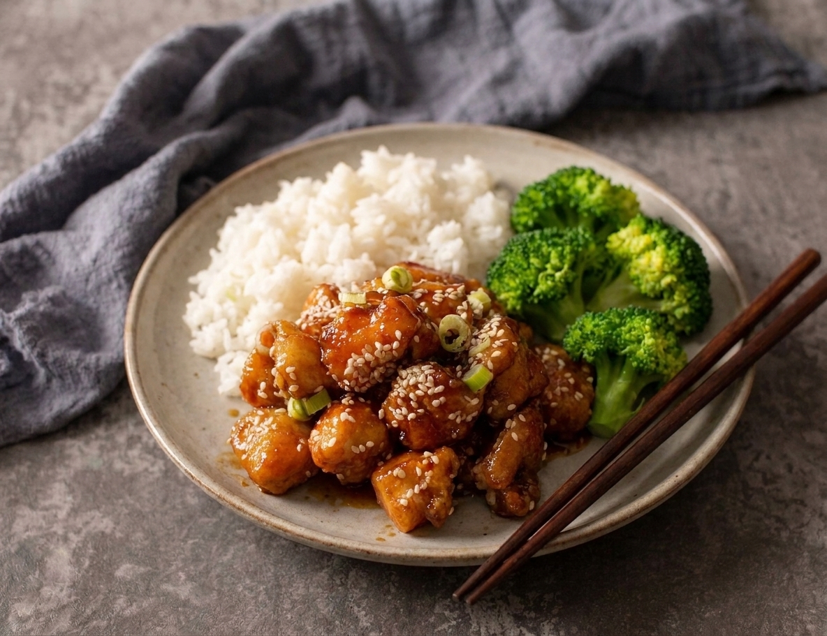A weeknight plate with crispy saucy chicken, steamed white rice, and bright green broccoli on a simple ceramic plate