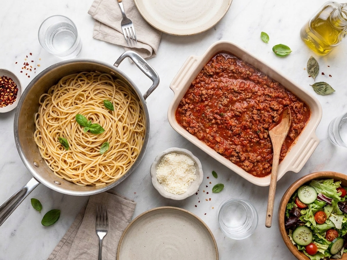 A weeknight table setting with a pot of spaghetti, a bowl of meat sauce, grated Parmesan, and a simple green salad