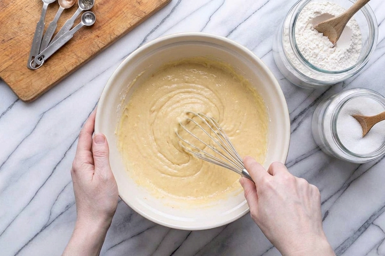 A whisk mixing pale cake batter in a large ceramic bowl on a countertop with flour and sugar canisters nearby