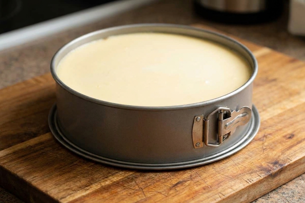 A whole New York cheesecake with a smooth top still in its springform base on a wooden cutting board