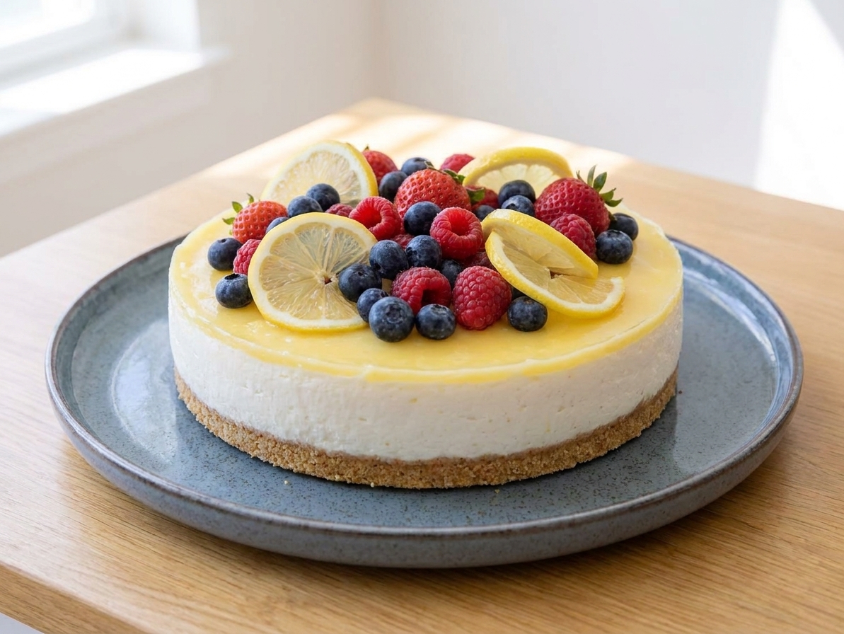 A whole no-bake lemon cheesecake on a serving platter topped with fresh berries and a few thin lemon slices