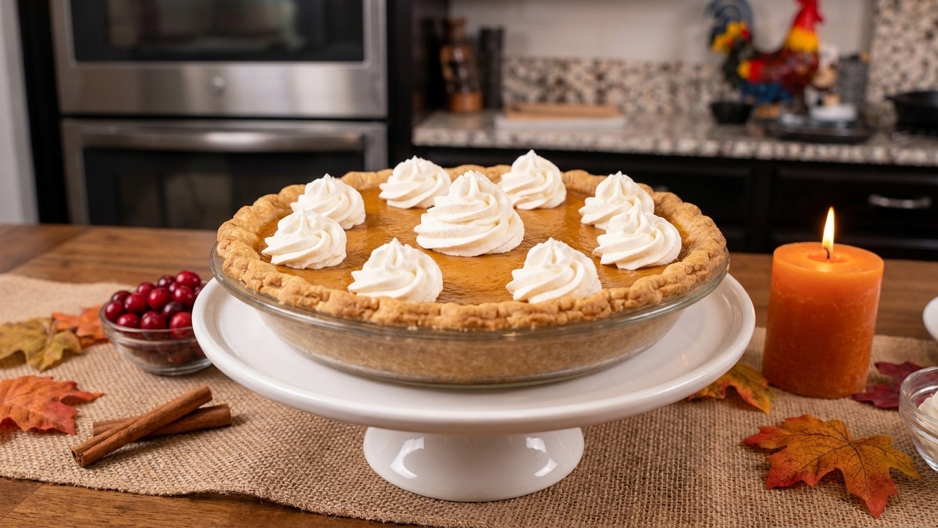 A whole pumpkin pie on a cake stand with a few swirls of whipped cream on top on a Thanksgiving-style table