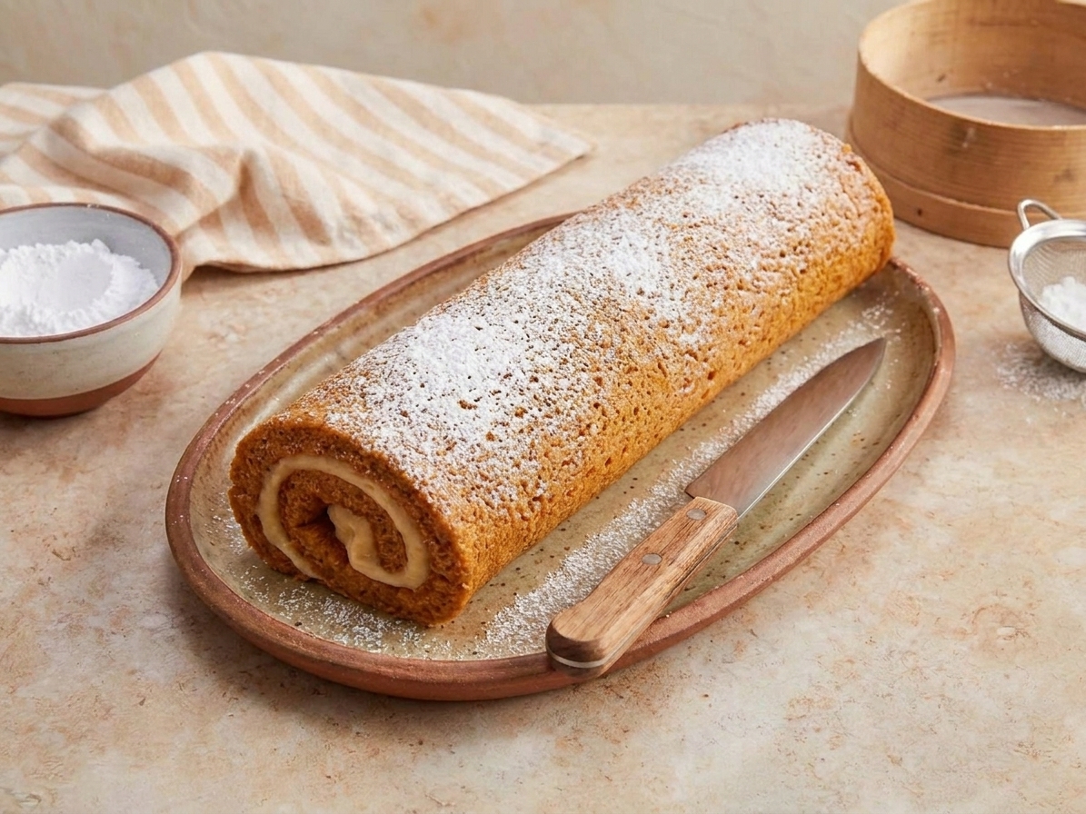 A whole pumpkin roll on a serving platter lightly dusted with powdered sugar with a knife beside it