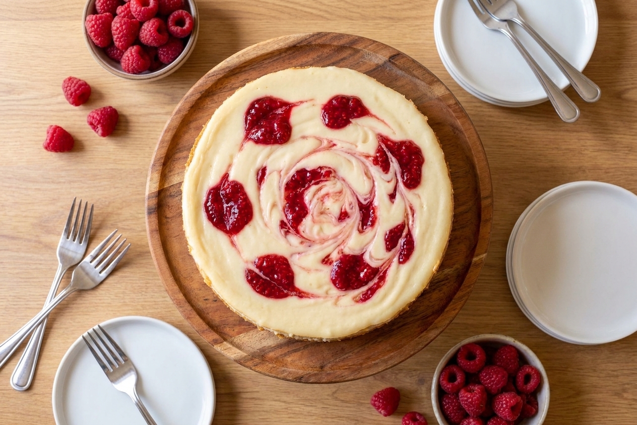 A whole raspberry swirl cheesecake on a cake stand on a dining table with small plates, forks, and fresh raspberries nearby