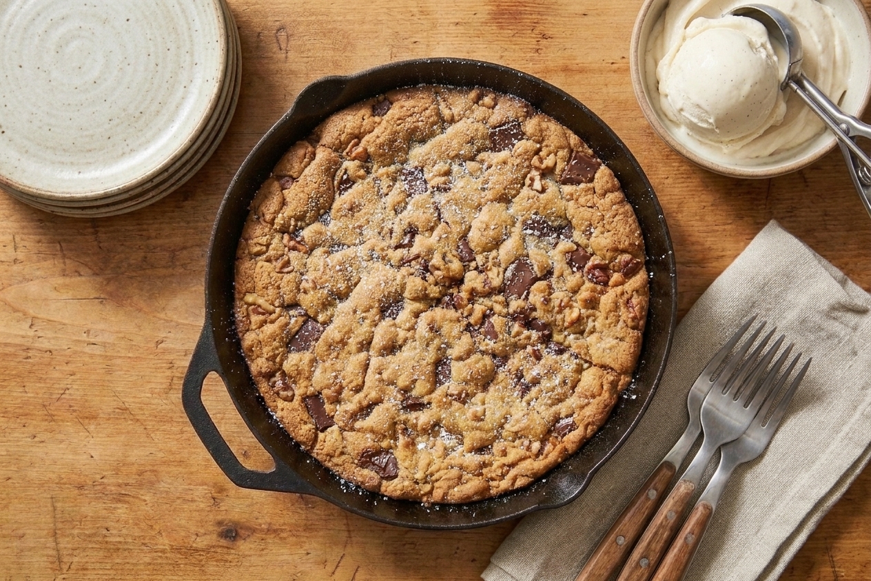 A whole spiced chocolate chip cookie cake on a simple wooden table with dessert plates and forks nearby, ready to slice