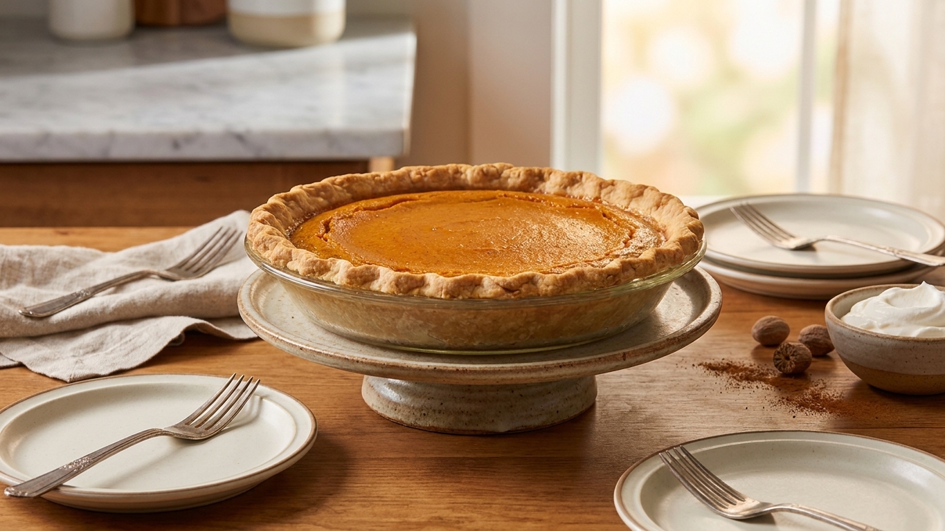 A whole sweet potato pie on a pie stand set on a cozy table with plates and forks ready for dessert