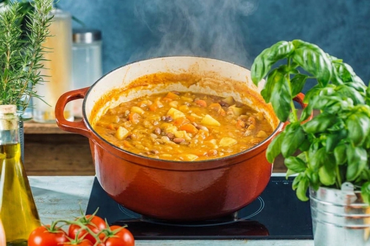 A wide Dutch oven of soup on the stove, showing a thicker surface as the liquid level lowers
