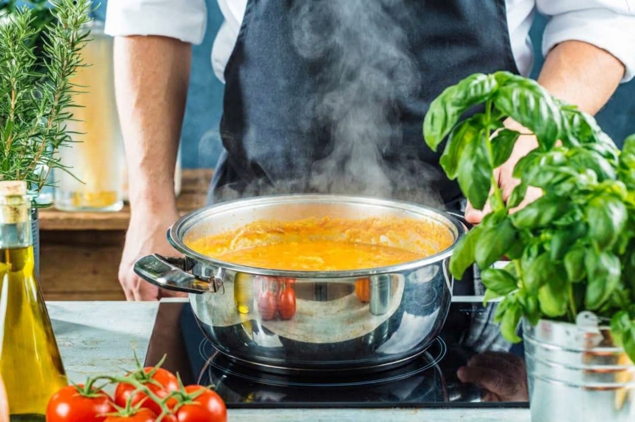 A wide pot of soup on a stovetop with visible steam and a slightly reduced liquid level
