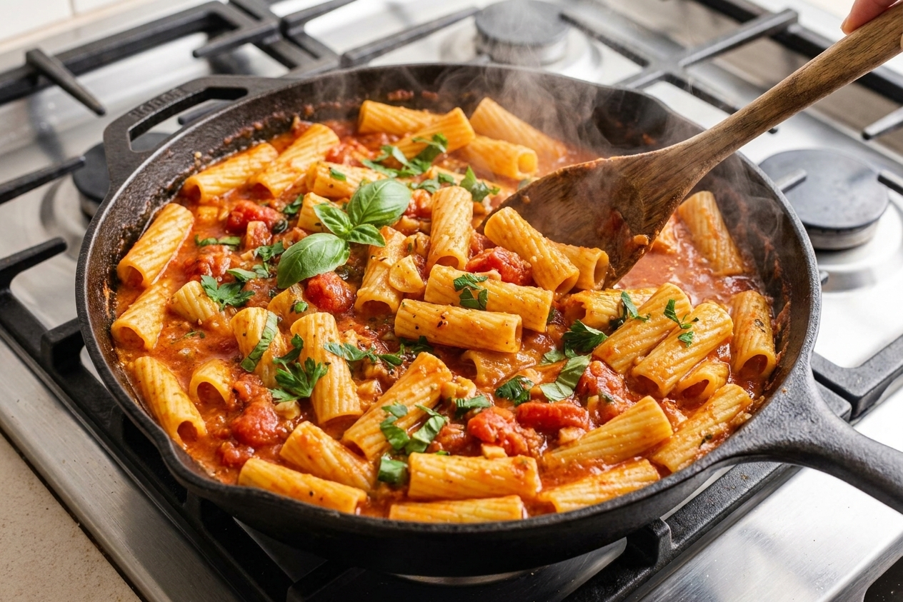 A wide skillet on a stove with pasta simmering in a tomato-based sauce, a wooden spoon stirring as steam rises