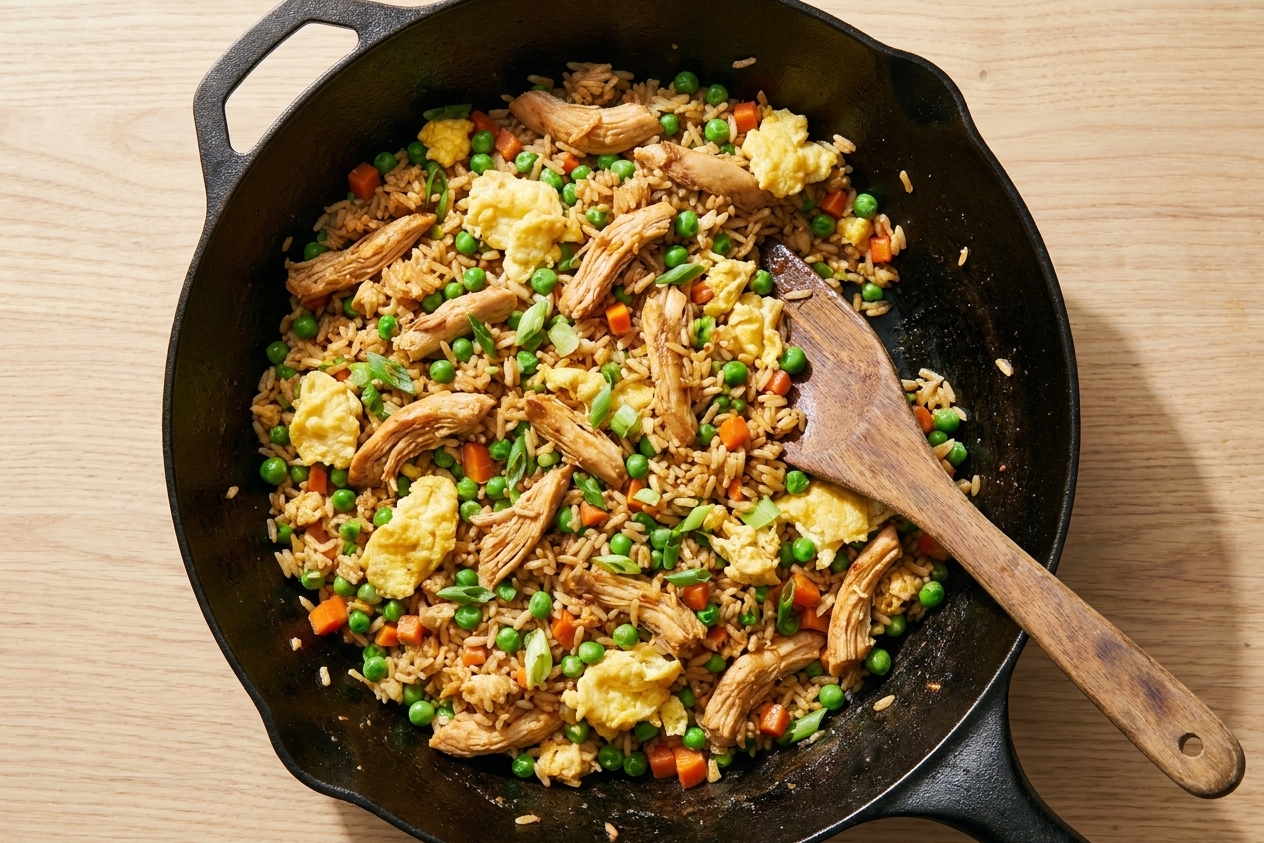 A wok-style skillet with chicken fried rice, peas, scrambled egg pieces, and a wooden spatula