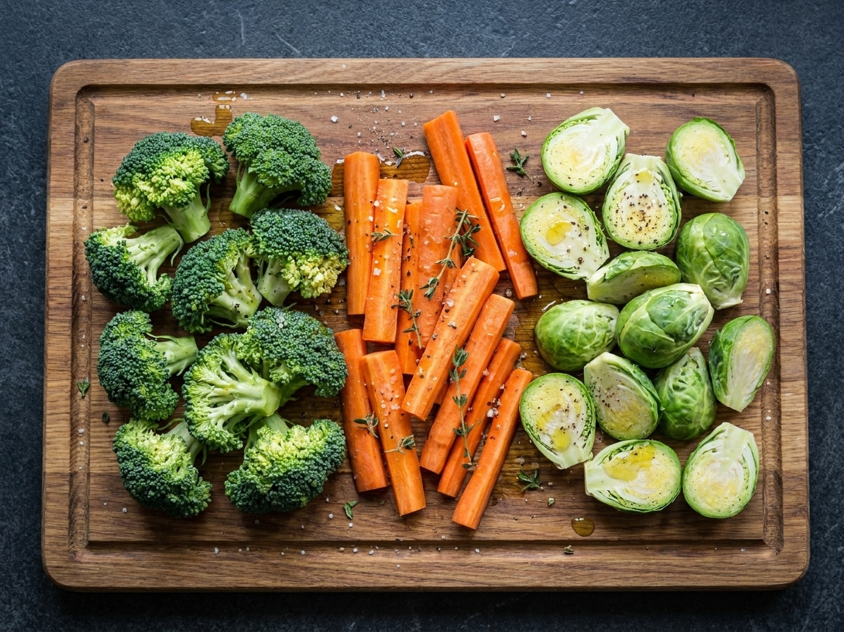 A wooden cutting board with neatly cut broccoli florets, carrot batons, and halved Brussels sprouts ready for roasting