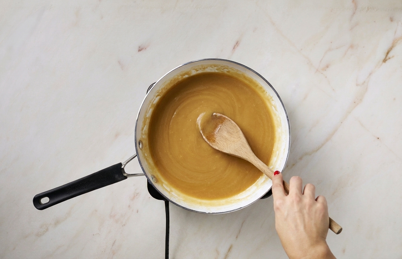 A wooden spoon stirring a smooth roux in a stainless steel saucepan on a stovetop