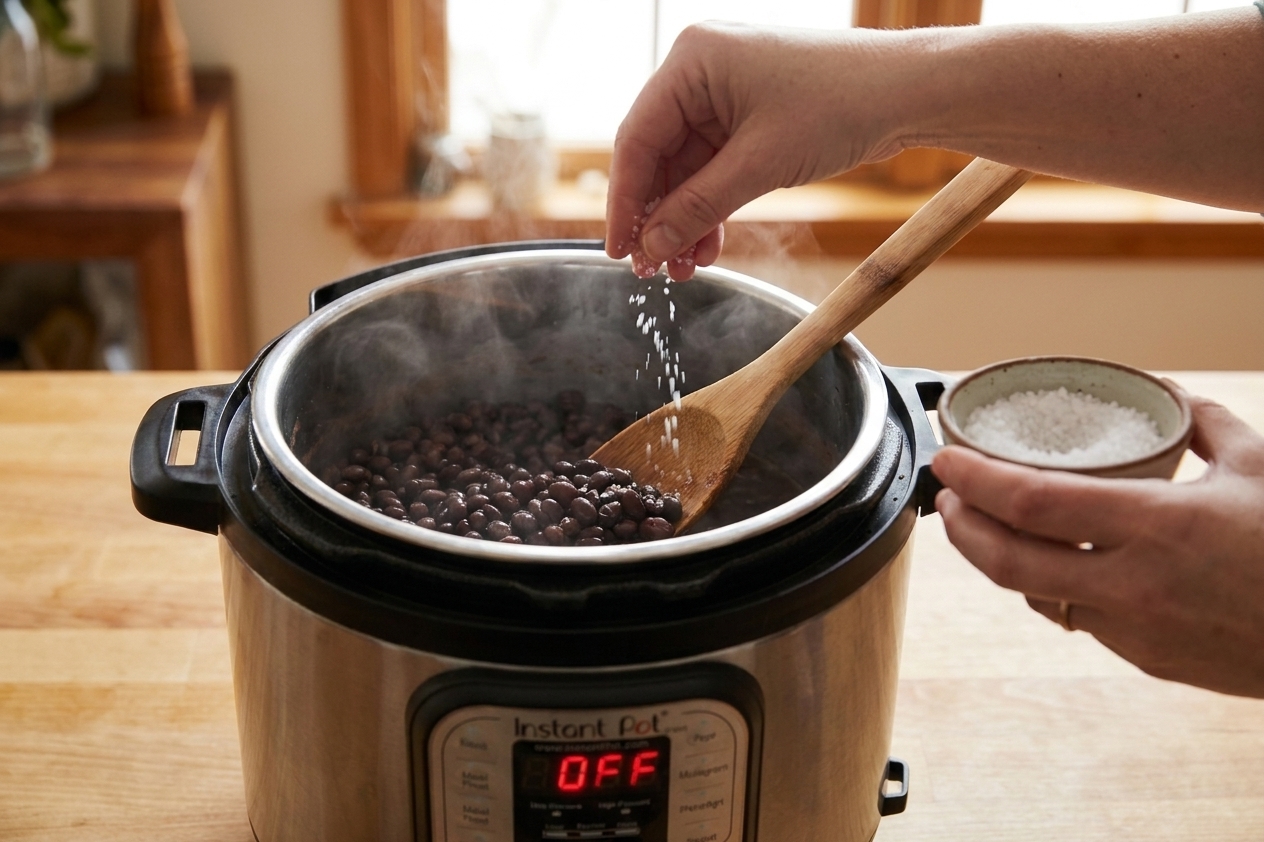 A wooden spoon stirring cooked black beans in the Instant Pot inner pot while salt is being sprinkled in