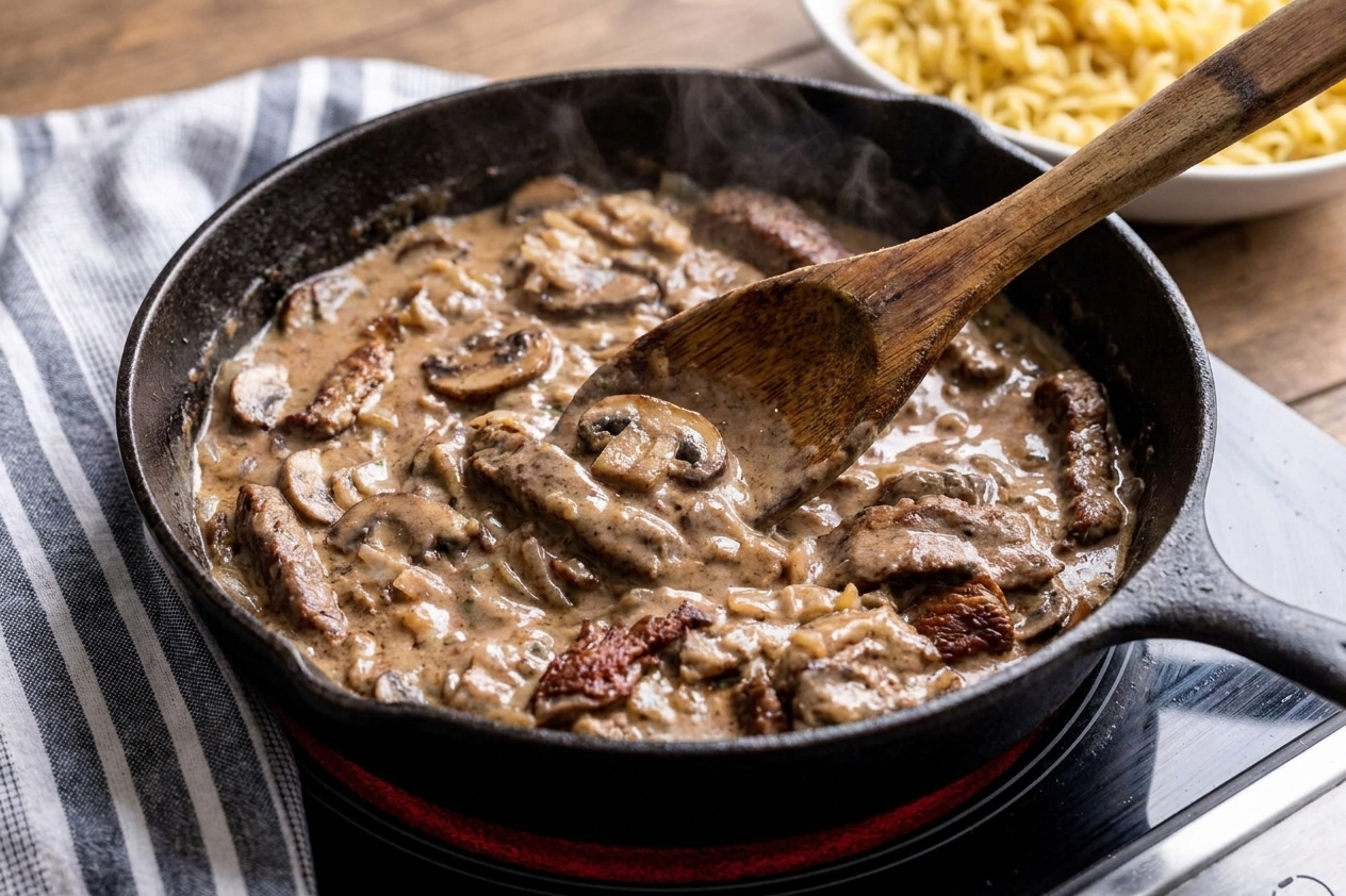 A wooden spoon stirring creamy mushroom stroganoff sauce in a skillet on a stovetop
