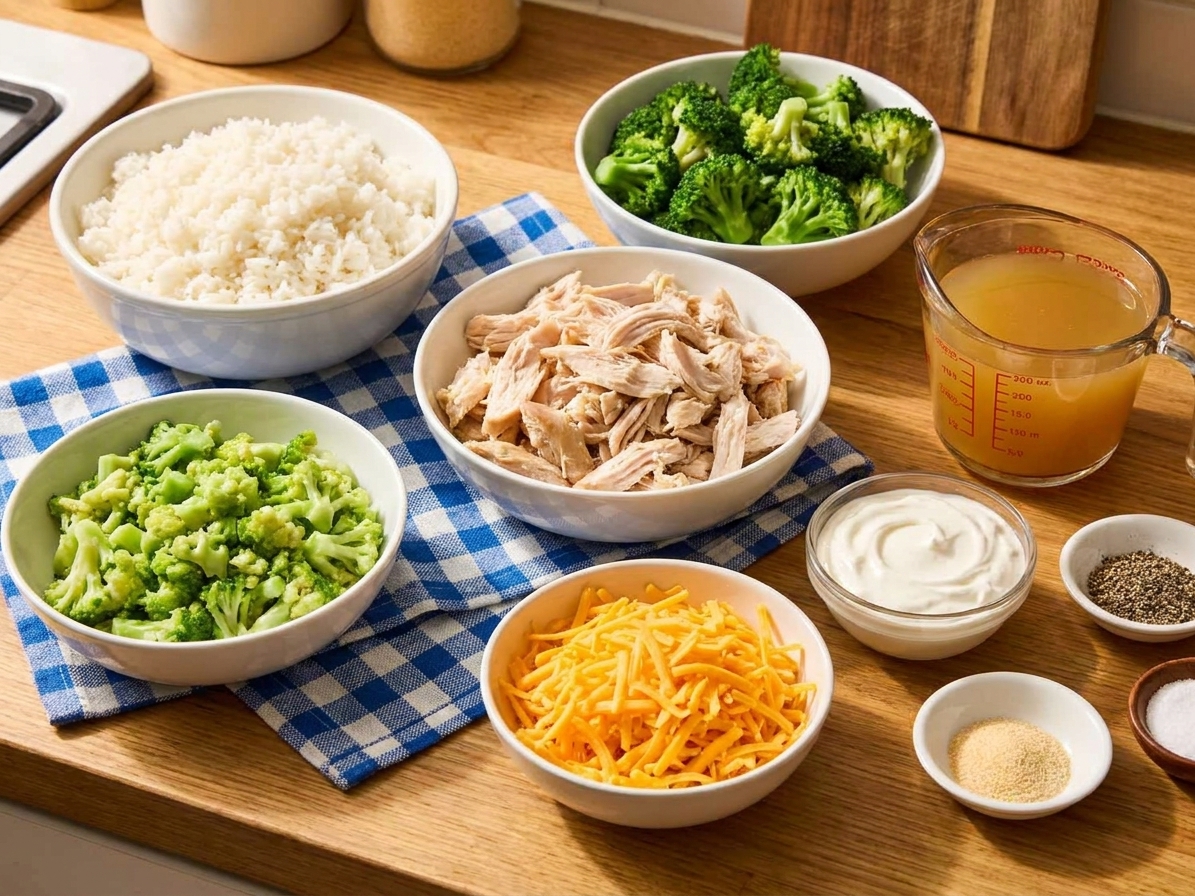 All ingredients for broccoli rice casserole arranged on a kitchen counter, including cooked rice, shredded chicken, broccoli florets, cheese, broth, sour cream, and seasonings