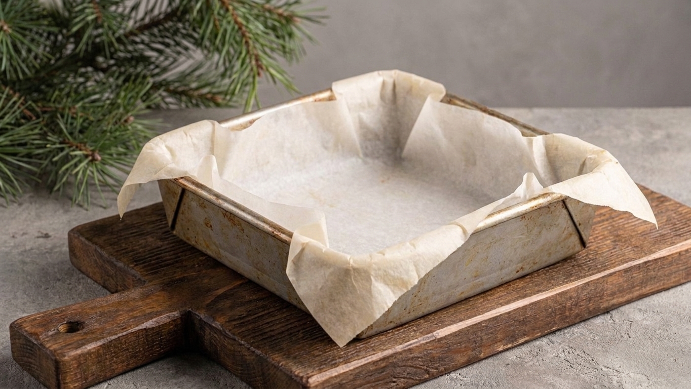 An 8-inch square metal baking pan lined with parchment paper with overhangs, set on a wooden cutting board