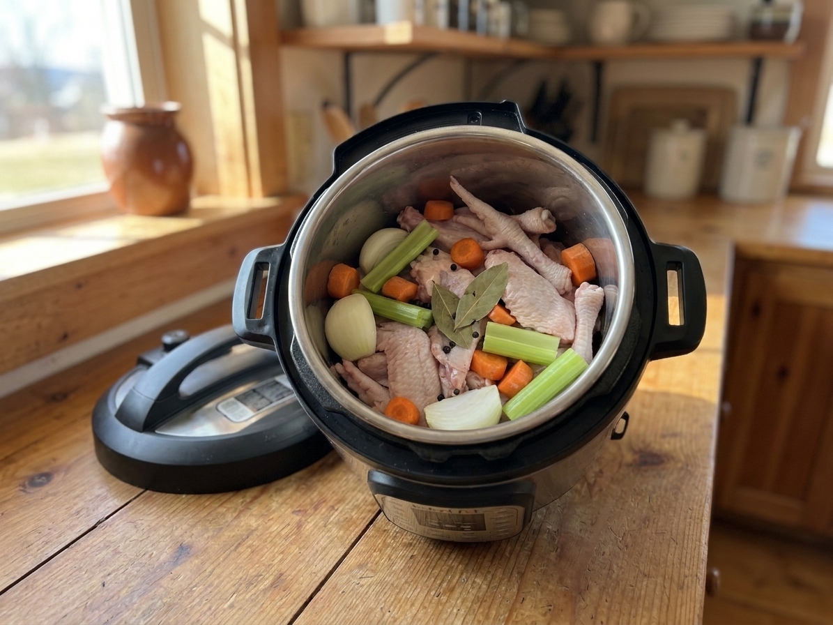 An electric pressure cooker on a countertop filled with chicken bones and vegetables before cooking