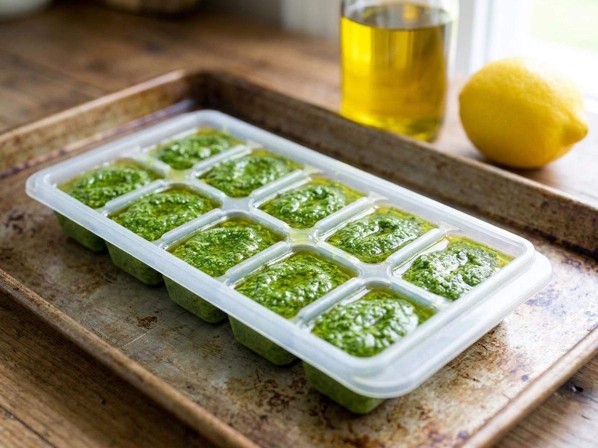 An ice cube tray filled with small portions of basil pesto ready to freeze on a metal sheet pan