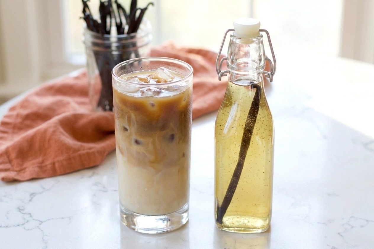 An iced latte in a clear glass with visible ice cubes on a kitchen counter with a small bottle of vanilla syrup nearby